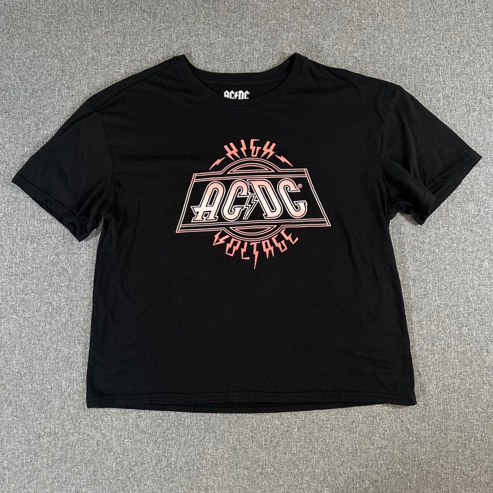 ACDC High Voltage Graphic T-Shirt Womens XL Black Pink Rock Band Short Sleeve